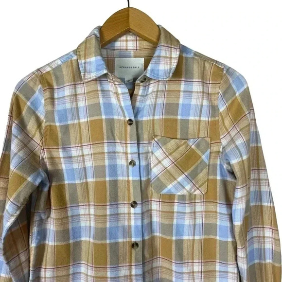 Aeropstale Blue & Yellow Plaid Flannel Long Sleeve Button Down Size Small - Picture 4 of 8